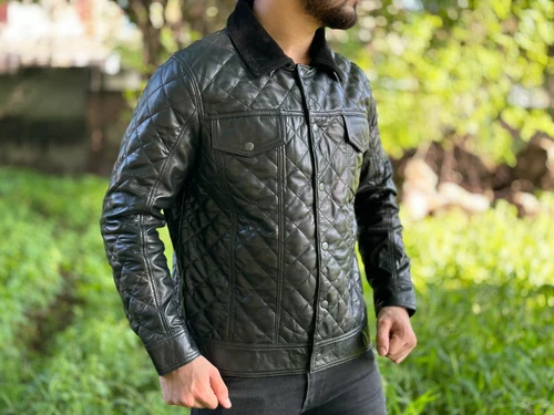Mens Real Lambskin Quilted Leather Trucker Jacket, Black Leather Trucker Jacket image 5