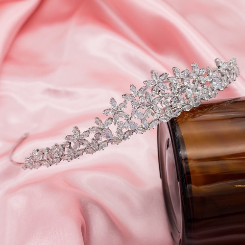 Juego De Tiara Nupcial Con Zirconias AAA Diseño De Amapola Bonito Baño De Rodio - Imagen 5 de 12