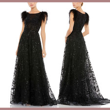 NWT Mac Duggal [ 8 ] 20296 Embellish Feather Cap Sleeve Bateau A Line Gown J1388