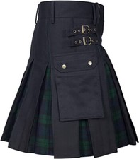 Utility Kilt 100 Cotton Jeans Hybrid Kilt Modern Box Pleated Inner Tartan Black