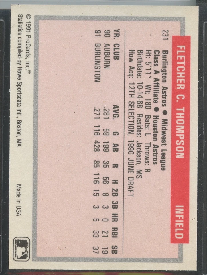 1991 ProCards Minor League #231 Fletcher Thompson Burlington Astros - Image 2 of 2
