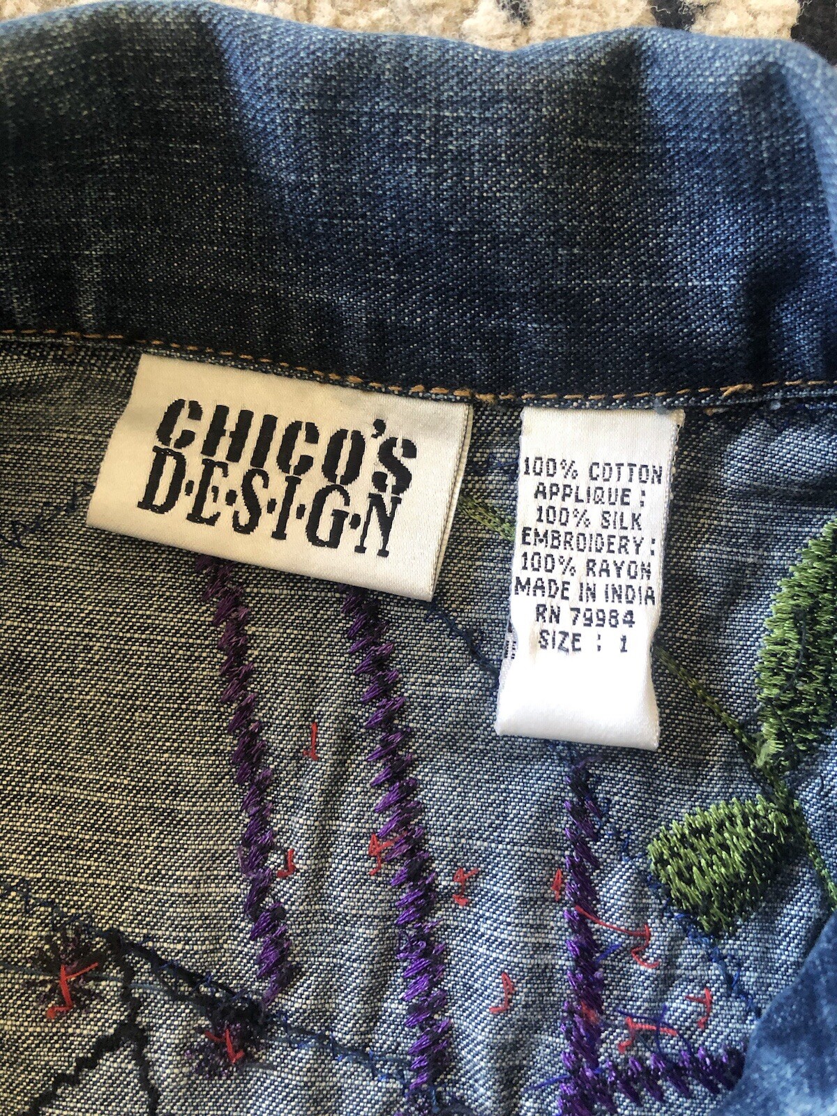 Chico's Design Jean Jacket Patchwork Silk Embroid… - image 11