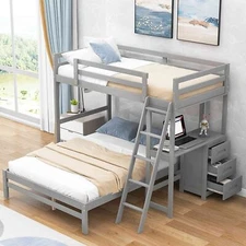 Twin Over Full Bunk Bed with 3 Storage Drawers Loft Bed w/ Desk Wood Bed Frame