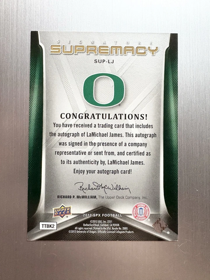 LaMichael James 2012 UD SPX Football Signature Supremacy Auto #SUP-LJ Oregon Rc - Image 2 of 2