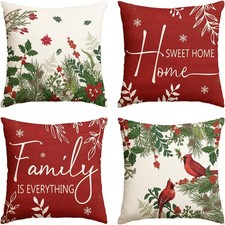 Christmas Throw Pillow Covers 18"x18" Set of 4 Cardinal Poinsettia Sofa Decor