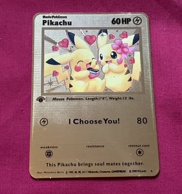 Pikachu I Choose You Love Valentine Solid Metal Golden Card Hearts