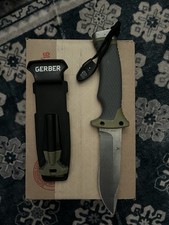 USED GERBER FIXED BLADE KNIFE Green Black Rubber Handle With Sheath