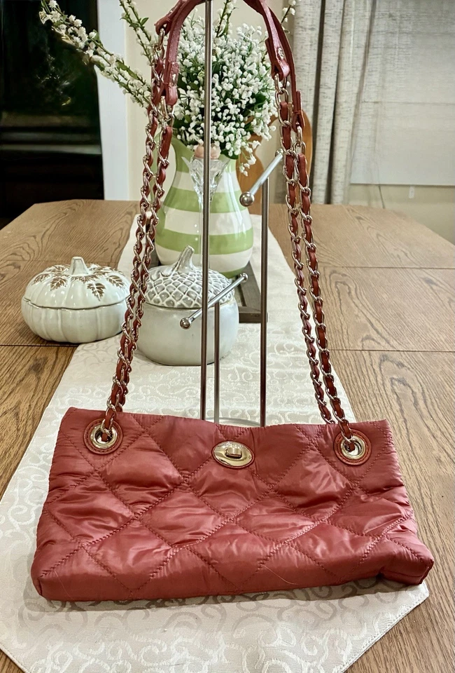 Bolso Bandolera DKNY Acolchado Nylon Delgado Naranja Quemado Óxido Cadena Correa Foto 2 de 4