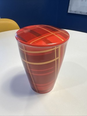 Tea Forte 2023 Warming Joy Red Plaid Cafe Cup Mug w/ Lid Holiday 8 oz