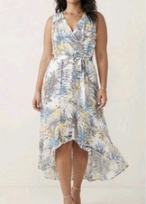 NWT$139 HALSTON Womens Large Festival Multicolor Yellow Palm Wrap Dress Hi-low 