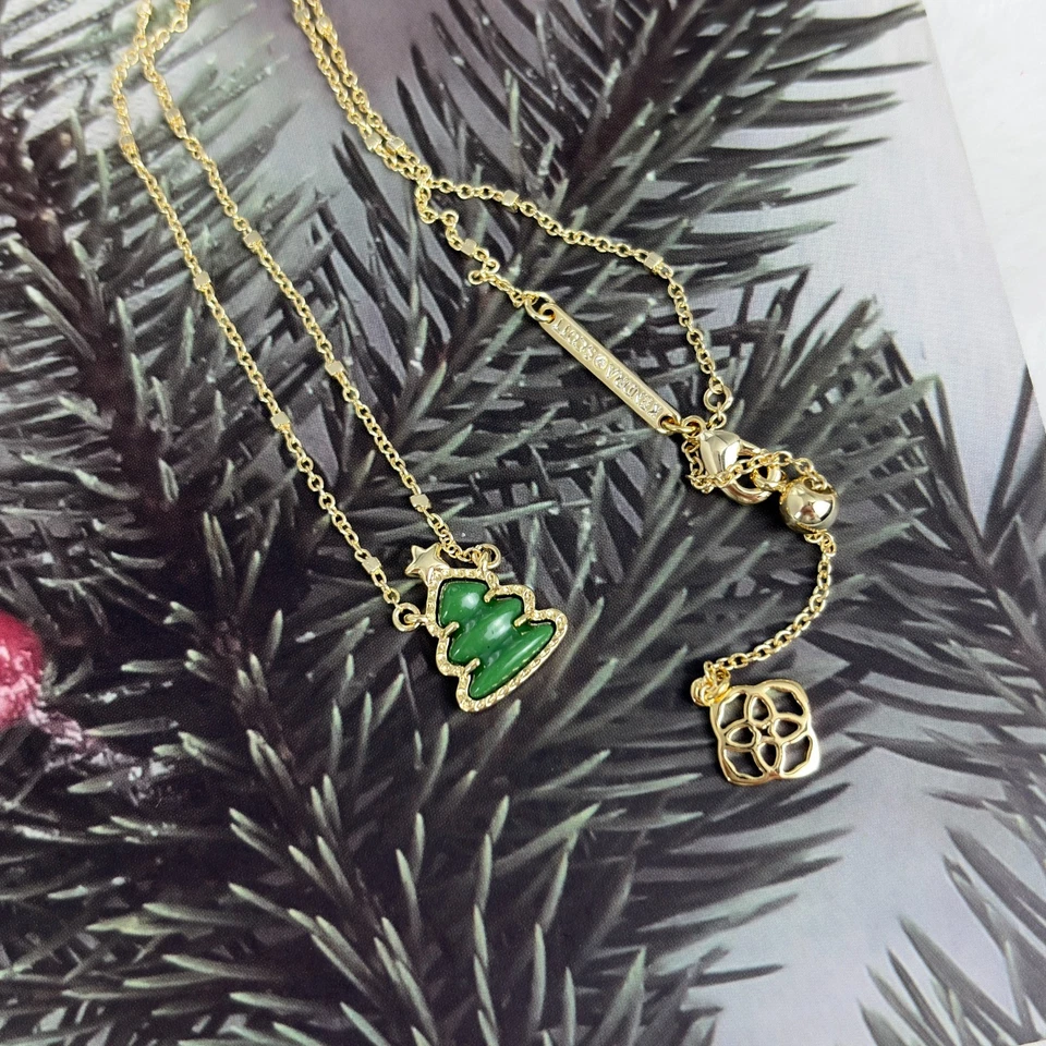 🎄Kendra Scott Árvore de Férias Colar Pingente Curto Dourado em Quartzito Verde - Imagem 4 de 4