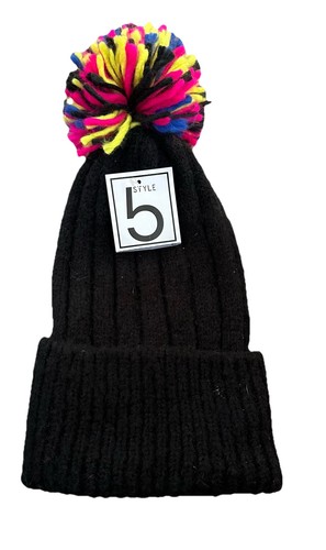 Style 5 Women’s Black PomPom Style Winter Hat Black And Multicolor New NWT - Picture 2 of 6