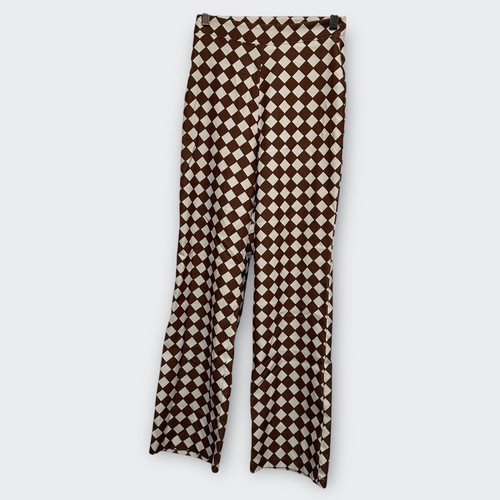 Y2K Retro Brown White Checkerboard Diamond Print Flare Pants XS Harlequin