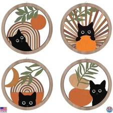 Boho Black Cat Wall Decor - Geometric Wooden Art Set for Nursery Bedroom