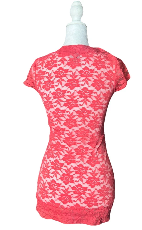 Y2K Sheer Lace Coral Feminine Romantic Top Vanity Sz M 2000s Indie Sleaze Party - Image 2 of 4