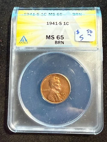 1941 D LINCOLN WHEAT CENT ANACS MS 65 BRN 198