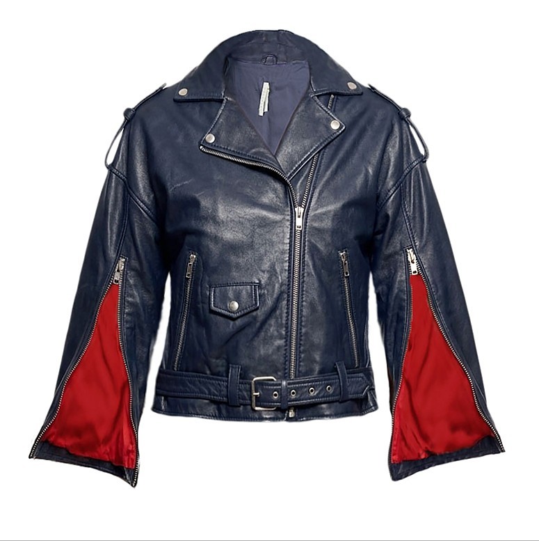 Imperial Navy Blue Leather Biker Jacket Women Red Lining Sleeves Oversize Soft