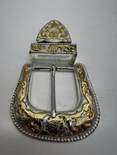 Gold  Silver Tone Western Floral Design 3 Pc 1.5  Wide Leather Belt Buckle Set