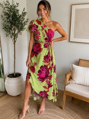 Us Together One Shoulder Floral Midi Dress Womens L Green Pink Cotton NWT Tie