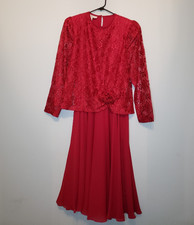 Vtg 80s In The Mood Midi Dress Women 12 Long Sheer Sleeve Red Flowy Floral Lace 