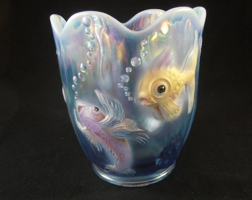 Fenton Glass Blue Iridized Atlantis Koi Fish Vase Hand Painted 95th Anniversary