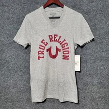 True Religion Shirt Mens Small Gray V-Neck Slimming Stretch Grunge Preppy New