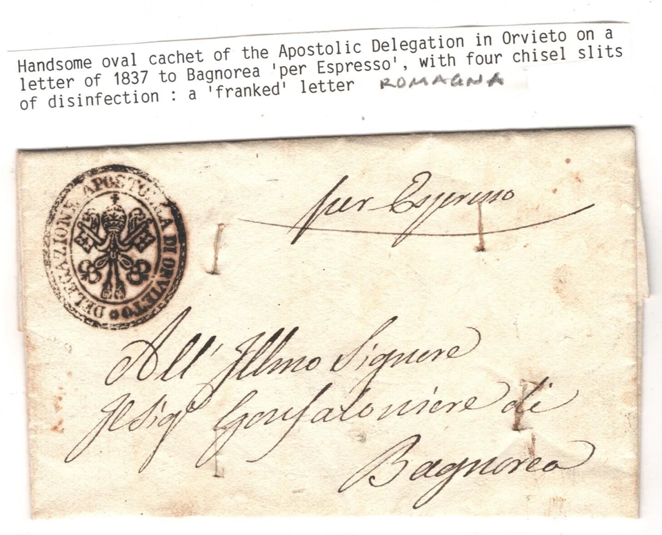 Italia ESTADOS PAPALES Cubierta *CORREO URGENTE DESINFECTADO* Orvieto 1837 LLAVE Cachet MA960 Foto 3 de 4
