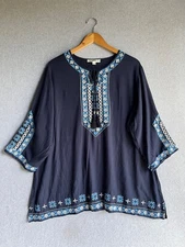 Solitaire Anthropologie Blouse Womens 2X Blue Embroidered Boho Peasant Hippie