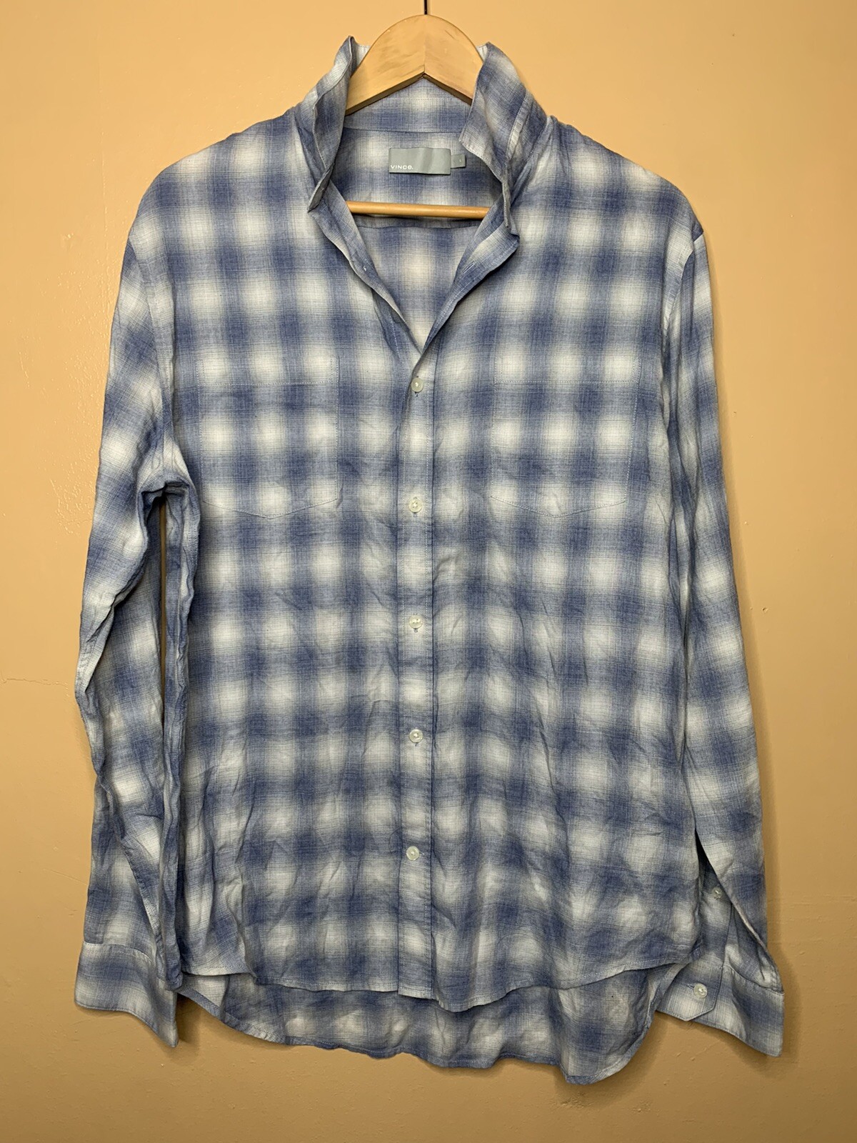 Vince Men's Size Large Shirt Button Up Plaid Blue Gray Long Sleeve Collared image 5