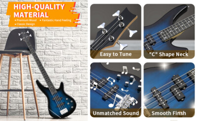 KIB Electric Bass Guitar 44 Inch Basswood 4 String for