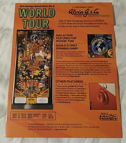 PINBALL VOLADOR World Tour Original Nuevo de Lote Antiguo Alvin G & CO. 1992 ¡NIuna vez! - Imagen 2 de 2