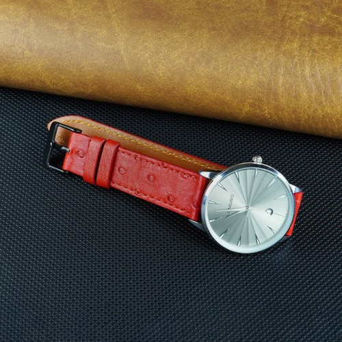 18mm Red Flat Genuine Ostrich Leather Watch Strap Black Buckle Men Watch Band - Picture 7 of 8