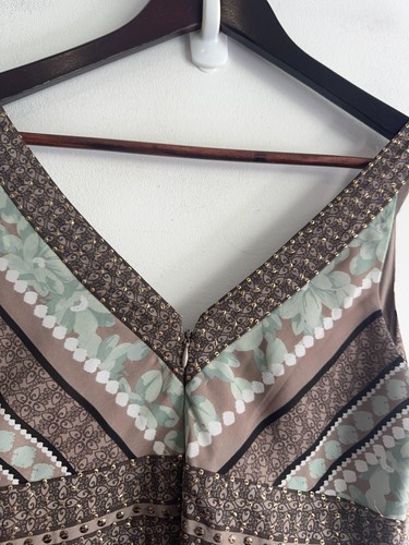 Jeanswest Dress Womens Size 10 Brown Green Floral Beaded Midi Zip Sleeveless - Picture 9 of 16