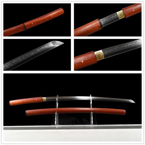 Japan Sword Samurai Katana T10 Clay Tempered Steel Blade Full Tang Redwood Saya - Afbeelding 1 van 11