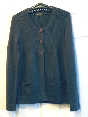 REPEAT Womens Sz S 100% Merino Wool Cardigan Sweater Button Dark Gray Pockets