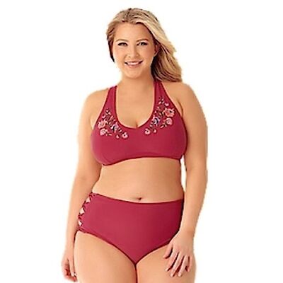 Allure Wine Colored Floral Embroidered Bikini Cross Tie Plus Size Swim Top 2-3X