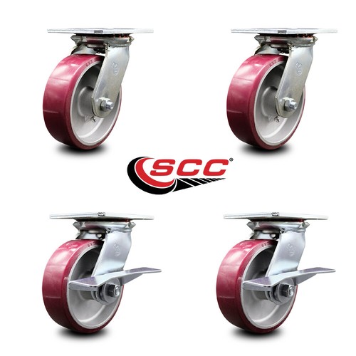 6 Inch Poly on Aluminum Swivel Caster Set with Ball Bearings 2 Brakes SCC - Imagen 2 de 5