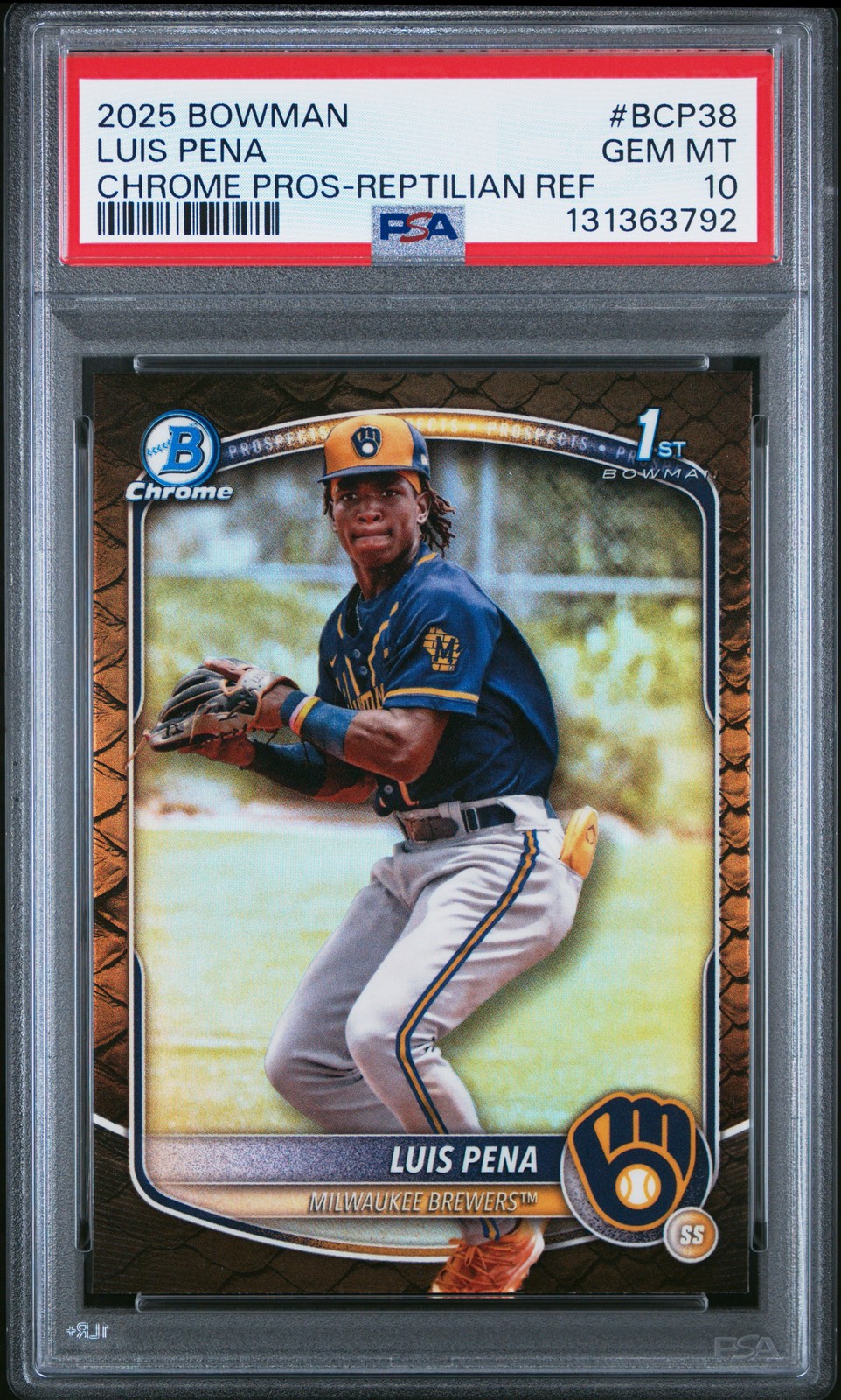 2025 BOWMAN CHROME PROSPECTS REPTILIAN REFRACTOR #BCP38 LUIS PENA PSA 10