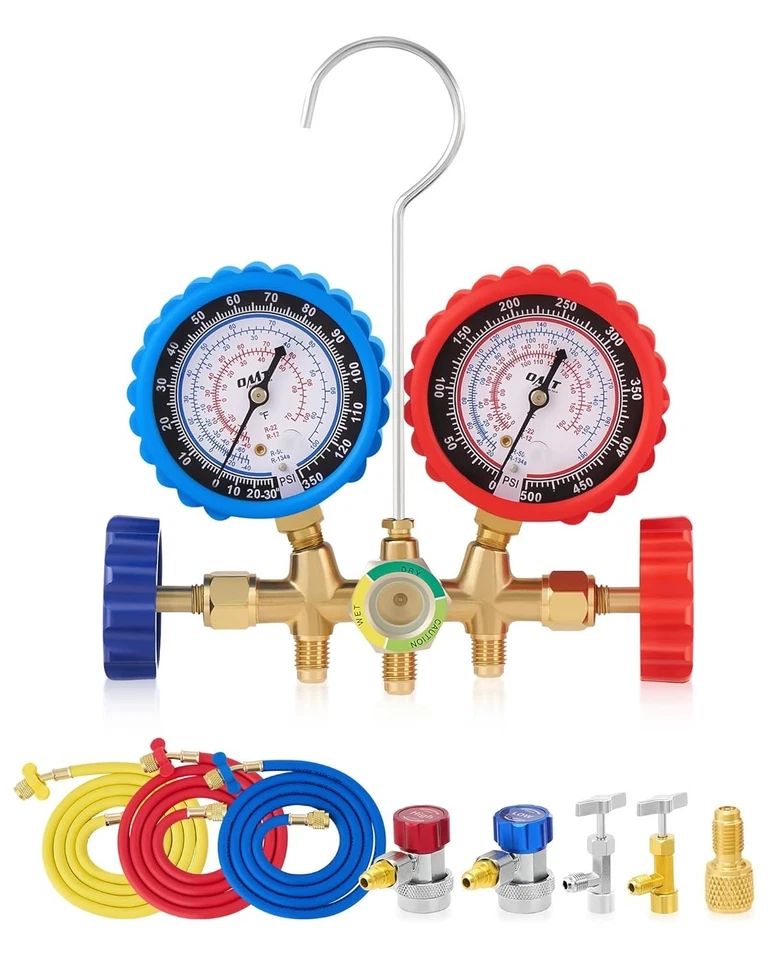 Car AC Gauge Set with Self Sealing Puncturing R134A Can Tap for R12 R22 Refri... - Image 3 of 4