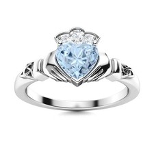 Claddagh Ring Heart Shape Aquamarine 925 Sterling Silver Solitaire Promise Ring
