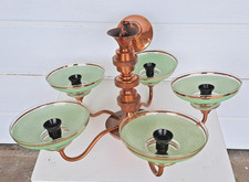 ANCIENNE SUSPENSION LUSTRE A 5 BRANCHES BOIS CUIVRE ET VERRE GRANITE ANNEES 50