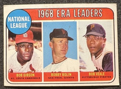 1969 TOPPS 1968 NL ERA LEADERS GIBSON/BOLIN/VEALE #8 LITE CREASE SCRATCH