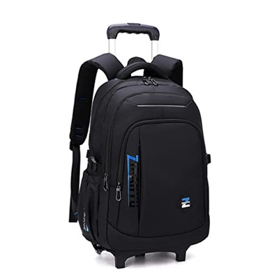  Solid Color Trolley Backpack Schoolbag for Middle School 2-Wheels Black Blue-a