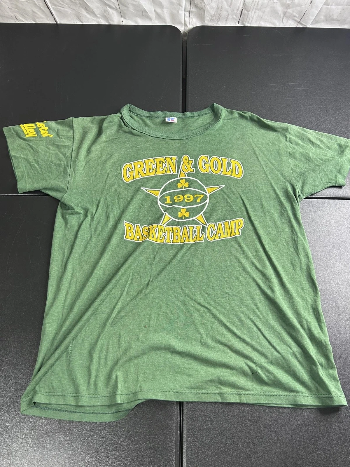 Vintage Green & Gold Basketball Camp Shirt Mens Medium 1997 The Jeep Store 90s