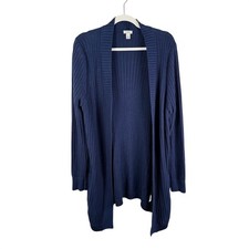 LL Bean Large Navy Ribbed Open Front Long Cardigan Sweater Cotton Work Casual