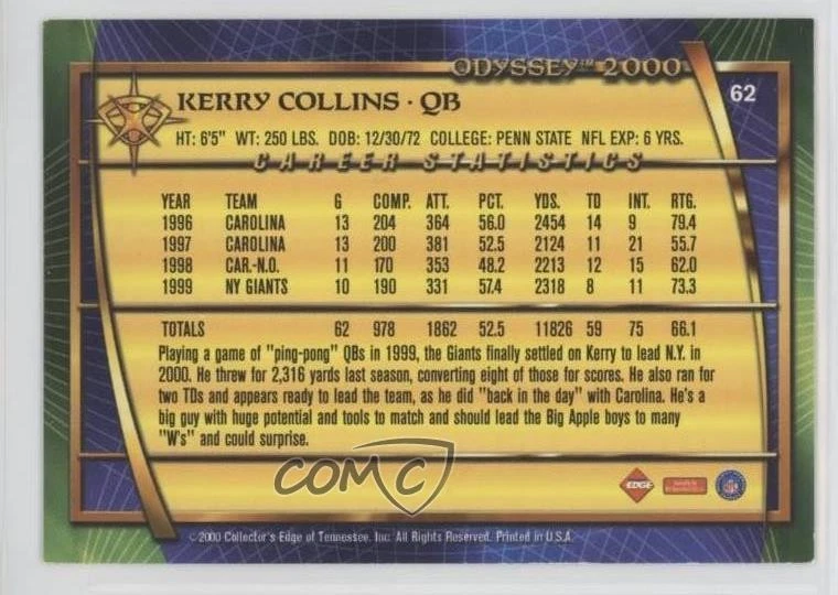 2000 Collector's Edge Odyssey Retail Kerry Collins #62 - Image 2 of 2