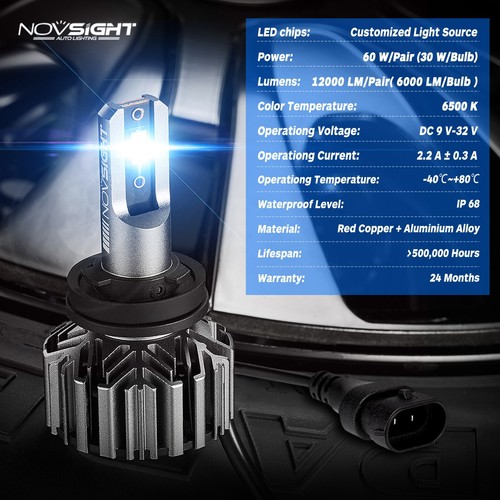 NOVSIGHT H11 H13 9004 9005 9006 9012LED Headlight Bulbs High Low Beam 12000LM 2x - Picture 5 of 27