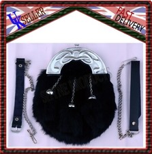 FULL DRESS SPORRAN BLACK RABBIT FUR & CHROME CELTIC CANTLE 3 BLACK TASSELS