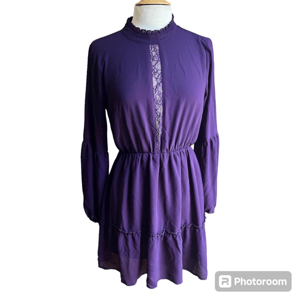 Purple Small Mock Neck Long Sleeve Tiered Keyhole Closure Lace Detail Mini  Dress | eBay