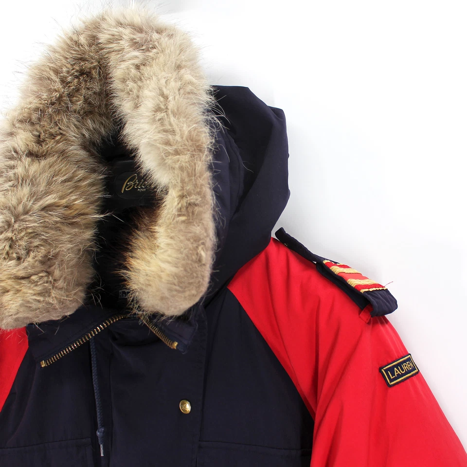Ralph Lauren Fur Hooded Down Insulated Red Navy Military Parka Coat S Vintage - Image 2 of 4